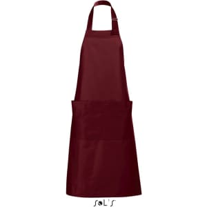 A burgundy apron made from polycotton, featuring a front pocket and a logo at the bottom.