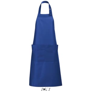 A blue apron with pockets made from polycotton, featuring a neck strap and a logo at the bottom.