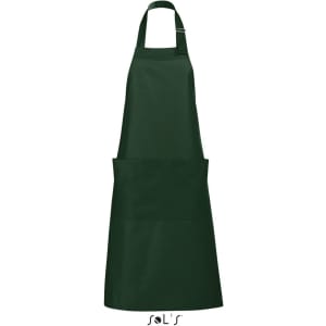 A green apron made from polycotton featuring a front pocket and a logo.