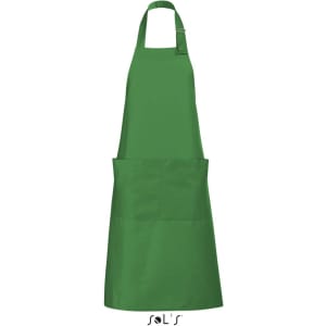 A green polycotton apron with pockets, featuring a strap for easy adjustment and a visible logo.
