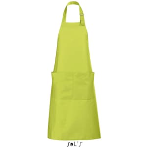 A bright green polycotton apron featuring long lengths and pockets, designed for functional use.