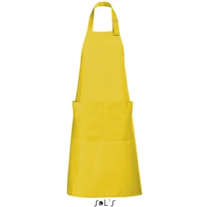 A yellow apron with pockets, made from polycotton, featuring a neck strap and a logo at the bottom.