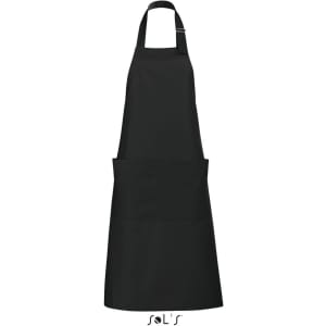 A black polycotton apron with pockets and a neck strap, featuring a logo at the bottom.