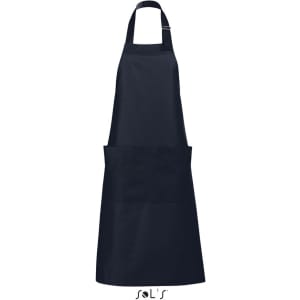 A navy blue apron with pockets, made from polycotton, featuring a logo at the bottom.