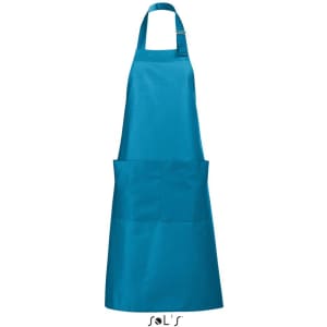 A turquoise apron with pockets made from polycotton, featuring an adjustable neck strap.