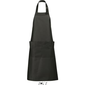 A black polycotton apron with pockets and an adjustable neck strap, featuring a logo at the bottom.
