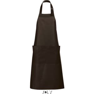 A brown polycotton apron with pockets, featuring a simple design and a logo at the bottom.
