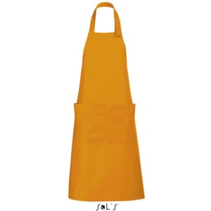 A bright yellow apron with pockets, made from polycotton, featuring a logo at the bottom.
