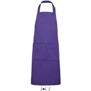 A purple apron with pockets made from polycotton, featuring a logo at the bottom.