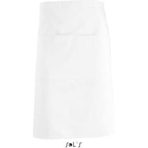 A white waist-style apron featuring pockets, with a logo at the bottom.