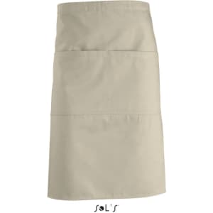 A waist-style apron in a light beige tone, featuring three pockets for convenient storage. It has a logo at the bottom.