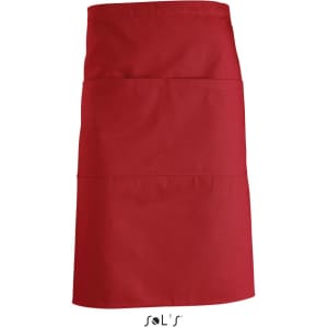 A red waist apron with pockets, featuring a simple design and a brand logo at the bottom.