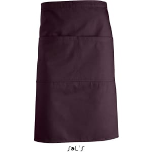 A waist-style apron in deep purple featuring two pockets, with a logo at the bottom.