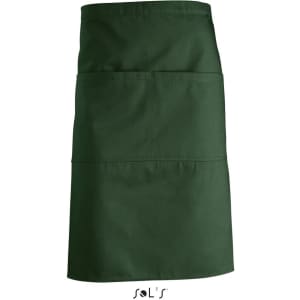 A green waist apron featuring pockets and a branding logo at the bottom.