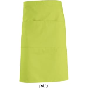 A bright lime green waist apron with two front pockets and a logo at the bottom.