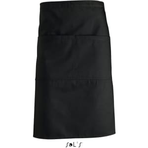 A black waist apron with two pockets, featuring a logo at the bottom.