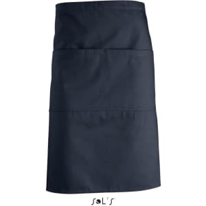 A navy waist apron with pockets, featuring a simple design and a logo at the bottom.