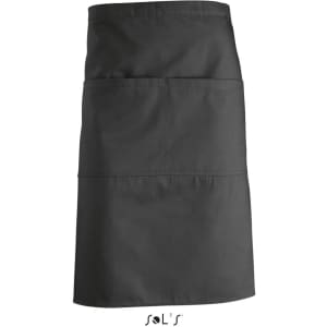 A waist-style apron in dark grey with two front pockets and a simple design, featuring a logo at the bottom.