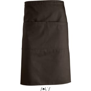 A brown waist apron featuring two front pockets and a logo at the bottom.