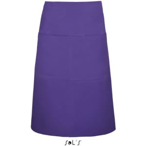 A purple waist-style apron featuring pockets and a minimalist design, with a logo at the bottom.
