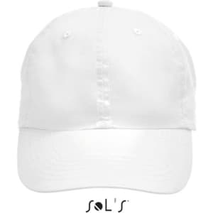 A white cap with a six-panel design and adjustable strap, featuring a logo on the front.