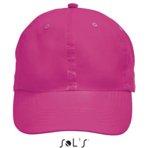 A pink six-panel cap made of 100% polyester microfibre, featuring a logo on the front.