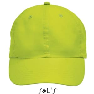 A neon yellow six-panel cap made of 100% polyester microfibre, featuring a logo on the front.