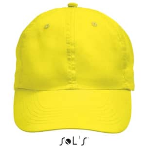 A yellow six-panel cap made of 100% polyester microfibre, featuring a logo on the front.