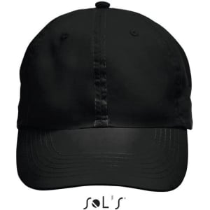 A black six-panel cap made from 100% polyester microfibre, featuring a logo on the front.