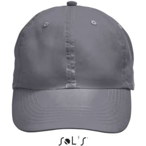 A grey six-panel cap made of 100% polyester microfibre, featuring a logo on the front.