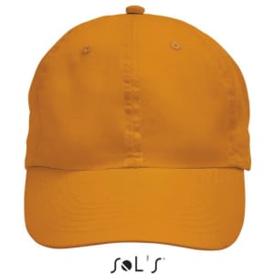 A cap with a six-panel design in bright yellow, made from 100% polyester microfibre, featuring a logo.