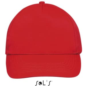 A red five-panel cap made of brushed cotton, featuring a front panel and a logo.