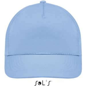A light blue five-panel cap made of brushed cotton, featuring a logo on the front.