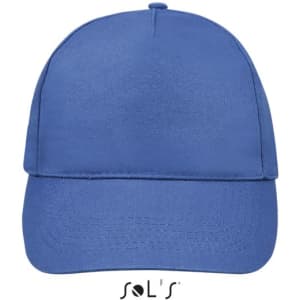 A blue five-panel cap made of brushed cotton, featuring a logo on the front.