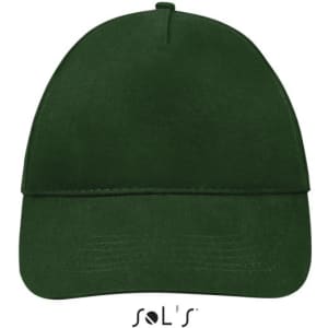 A green five-panel cap made of brushed cotton, featuring a logo on the front.