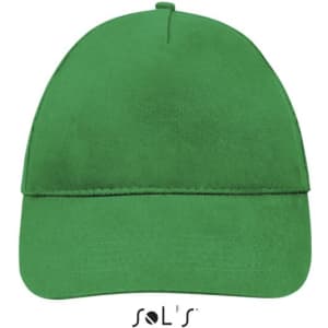 A green five-panel cap made of brushed cotton, featuring a logo on the front.