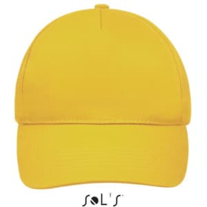 A yellow five-panel cap made of brushed cotton, featuring a solid design and a logo.