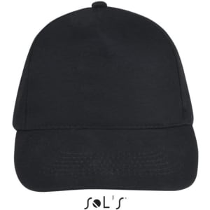 A black five-panel cap made of brushed cotton with a logo.