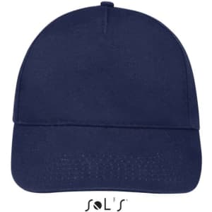 A navy blue, five-panel cap made from brushed cotton, featuring a logo on the front.