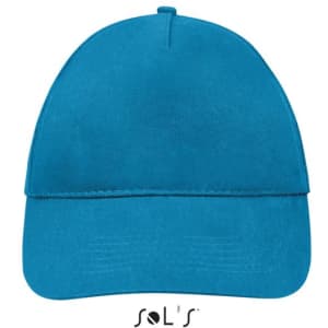 A five-panel cap in a bright turquoise hue, featuring a curved peak and a logo branding on the front.