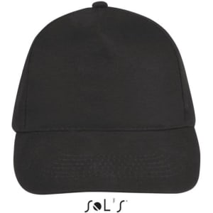 A black cap with a five-panel design, made from brushed cotton, featuring a logo on the front.