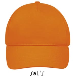 A five-panel cap in bright orange, made from brushed cotton, featuring a logo on the front.