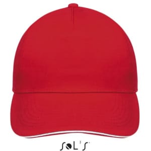 A red five-panel cap made of brushed cotton, featuring a logo on the front.