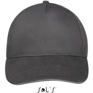 A cap featuring a five-panel design in light brushed cotton, coloured in dark grey with a logo.