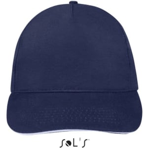 A navy blue five-panel cap made from brushed cotton, featuring a logo on the front.
