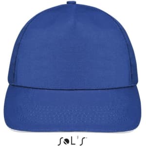 A blue five-panel cap made of brushed cotton with a branding logo on the front.