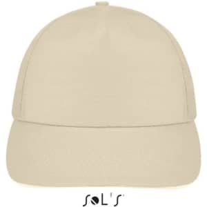 A light brushed cotton, beige five-panel cap with a rounded crown and a curved brim, featuring a logo.