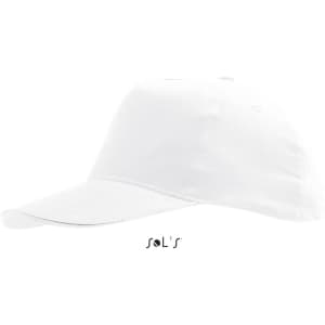 A white five-panel cap made of light brushed cotton, featuring a curved brim and a logo.