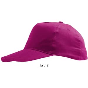 A five-panel cap in bright magenta, made of light brushed cotton, features a structured peak and includes a logo.