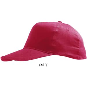 A red five-panel cap made of light brushed cotton with a logo on the front.